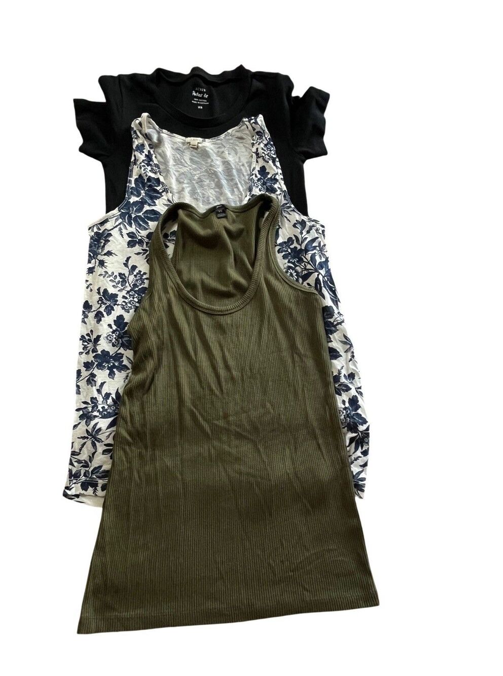 J Crew 3 Shirt XS Bundle The Perfect Tee And 2 Tanks Black Floral Green